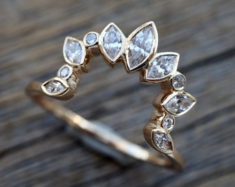 Square Shaped Curved Wedding Band- Contour Marquise Simulant Diamond Gold Band- Colorless Alternative Diamond Band for Emerald Shape Ring