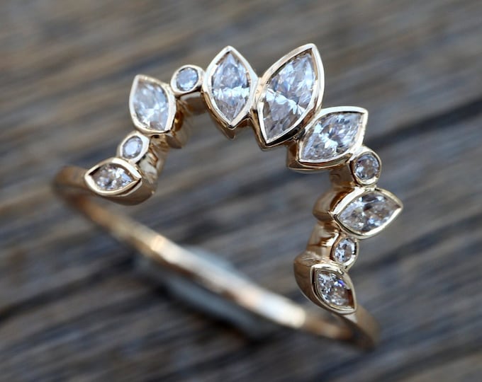 Square Shaped Curved Wedding Band- Contour Marquise Simulant Diamond Gold Band- Colorless Alternative Diamond Band for Emerald Shape Ring