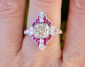 Genuine Cushion Diamond Gia Certified 1.27ct with Genuine Ruby Halo 18k White Gold Deco Ring