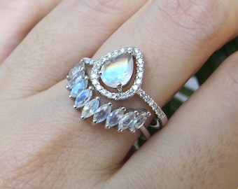 Teardrop Moonstone Halo Engagement Ring Set- Pear Moonstone Bridal 2 Ring Set- White Gold Ring w/ Marquise Moonstone Curved Wedding Band