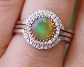 1ct Round Fire Opal Halo Diamond Three Bridal Ring Set-Genuine Rainbow Welo Facet Opal 14k 18k Gold Engagement Rings-October Birthstone Ring