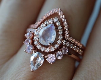 Teardrop Moonstone Engagement 3 Ring Set- Pear Moonstone Halo Bridal Ring Set- Moonstone Ring w/ Morganite Chevron Curve Wedding Band