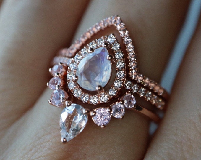 Teardrop Moonstone Engagement 3 Ring Set- Pear Moonstone Halo Bridal Ring Set- Moonstone Ring w/ Morganite Chevron Curve Wedding Band