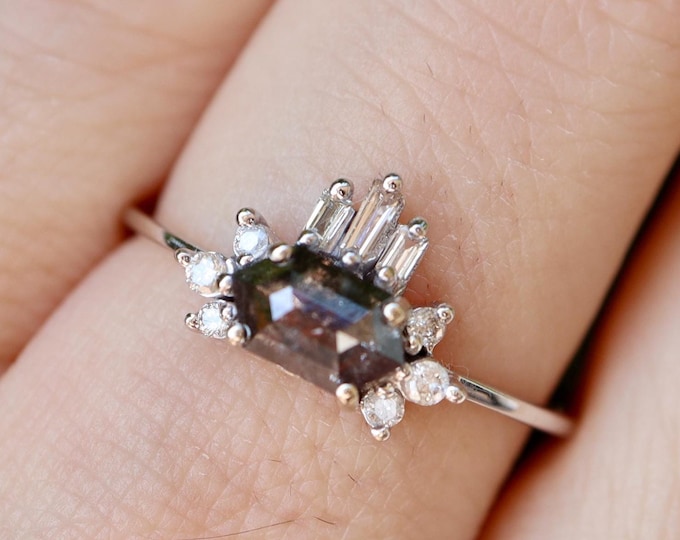 Salt and Pepper Hexagon Halo Baguette Cluster Ring- Genuine Natural Black Diamond Dainty Promise Ring for Her-10k White Gold Engagement Ring