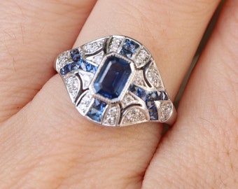 Genuine 0.64ct Baguette Blue Sapphire Deco Engagement Ring- Genuine Natural Diamond Solitaire Vintage Ring- Geometric Halo Anniversary Ring