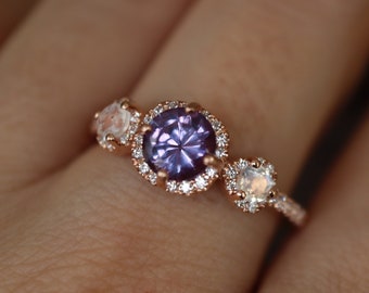 Round Alexandrite Moonstone Three Stone Engagement 14k 18k Gold Ring