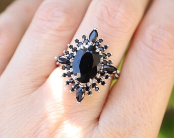 Black Moissanite 10x8mm Oval Engagement Ring- Black Diamond Halo Deco Ring- All Black Gemstone Ring for Her- Real Solid Gold Platinum Ring