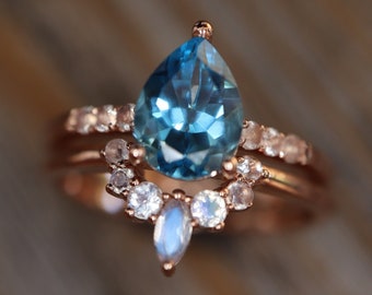 Pear Swiss Blue Topaz and Moonstone Ring Set- Genuine Natural Blue Engagement 2 Ring Set- Teardrop Ring w/ Iridescent Moonstone Wedding Band