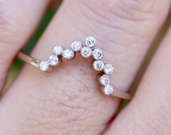 Natural Diamond Contour Wedding Dainty Band- Deco Genuine Diamond Curve Nesting V Band- Vintage Stackable Wedding Band-Bespoke Milgrain Band