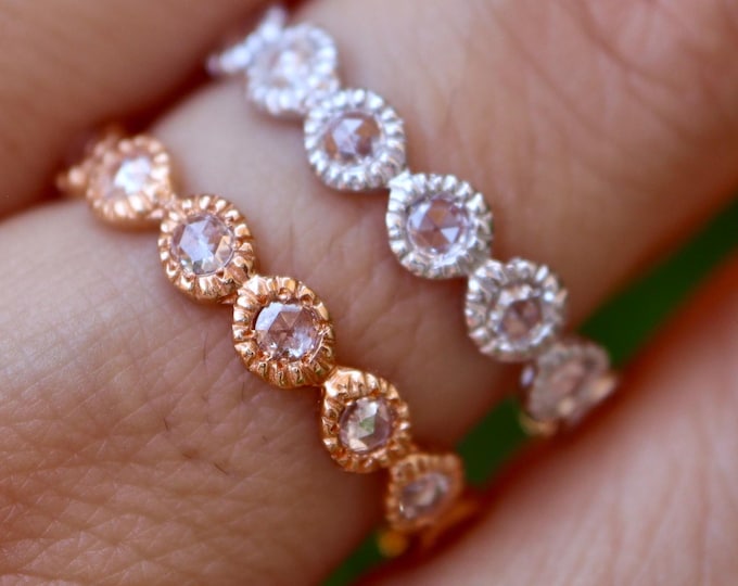 Rose Cut Genuine Diamond Vintage 14k White Gold Band- Milgrain Deco Natural Diamond 18k Rose Gold Round Band- Yellow Gold Real Diamond Band