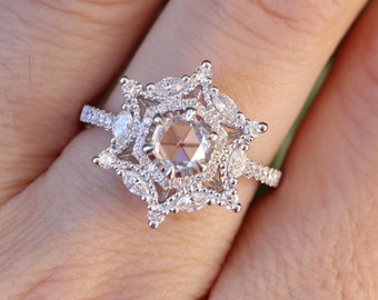 Rose Cut Genuine White Diamond Vintage 18k White Gold Ring- Scallop Marquise Halo Diamond Milgrain Engagement Ring- 6 Pointed Star Ring