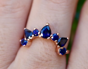 Genuine Sapphire Gold Wedding Band- Natural Deep Dark Blue Sapphire Band for Emerald & Square Shape Ring- Bespoke Nesting Band for All Shape