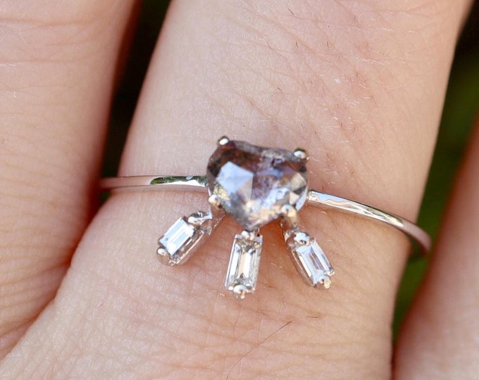 Genuine Salt Pepper Diamond Deco Ring- Natural Black Speckled Rose Cut Diamond Cluster Promise Ring- White Gold Baguette Halo Dainty Ring