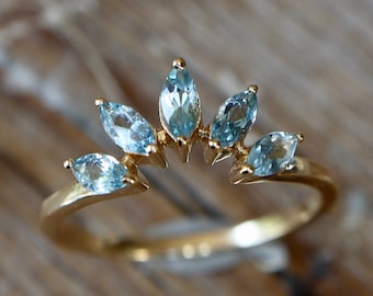 Genuine Marquise Blue Aquamarine Contour Wedding Solid Gold Wedding Band