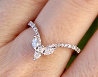 Genuine Marquise Diamond V 18k Women Wedding Deco Band- Cluster Natural Diamond Chevron Nesting Band for Her- Stacking Statement Clear Band