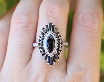 Marquise Black Engagement Halo Navette Ring- Black Diamond Moissanite Baguette Deco Ring- Real Solid Gold Platinum Elongated Solitaire Ring