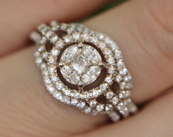 Round Cluster Genuine Diamond Vintage 3 Ring Set- Deco Teardrop 14K White Gold Split Shank Ring- Marquise, Princess Illusion Diamond Setting