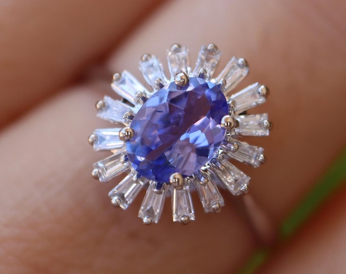 Genuine Oval 1ct Blue Tanzanite Deco Engagement Ring- Natural Diamond Baguette Halo Promise Ring-Tanzanite Solitaire 18k White Gold Ring
