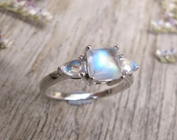 Three Stone Moonstone Promise 14k Ring for Her- Square Moonstone White Gold Dainty Ring- Moonstone Anniversary Ring- June Birthstone Ring
