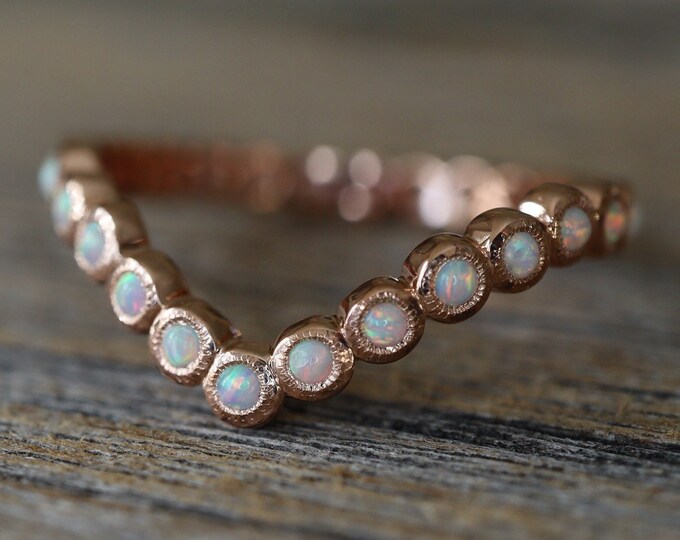 Round Opal Eternity Wedding Chevron Milgrain Vintage Band- Lab Opal Curve Nesting Deco Band- Stackable Solid Gold Bubble Opal Bezel Band
