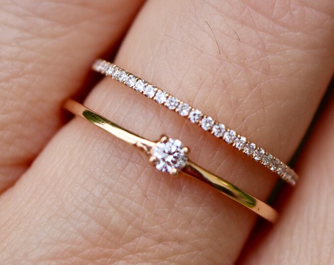 Dainty Genuine Diamond Solid 18k Rose Gold Double Ring- Genuine Petite White Natural Round Diamond Ring for Everyday