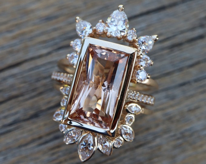 Genuine Emerald Cut 4ct Morganite Halo Bridal 3 Ring Set- 14k Gold Large Rectangle Natural Morganite Engagement Ring Set w/ 2 Wedding Band