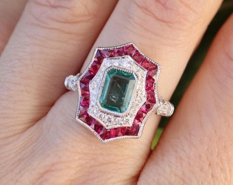 Genuine Green Emerald Art Deco Engagement Ring- Scallop Double Halo Ruby Diamond Solid 18k White Gold Vintage Deco Anniversary Milgrain Ring