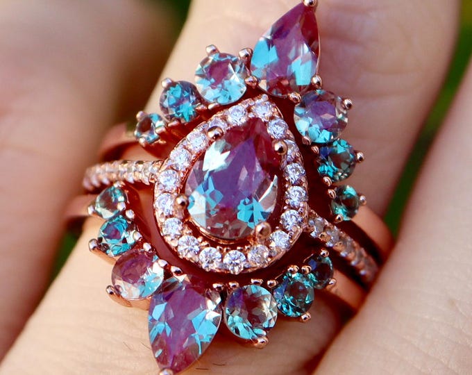 Color Change Purple Teal Alexandrite Teardrop Halo Bridal Ring in Solid 14k 18k Gold