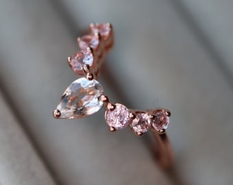 Round Morganite Curve Wedding Band with Teardrop White Topaz- Pink Stone Contour Band- Rose Quartz Nesting Band- Pink Sapphire Band