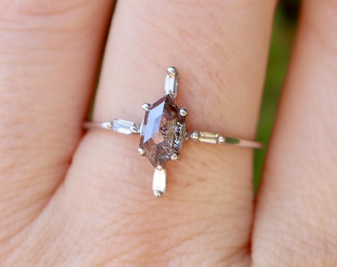 Hexagon Genuine Salt Pepper Diamond Star Ring-Natural Black Diamond Halo Baguette Promise Ring- Real White Gold Engagement Petite Small Ring