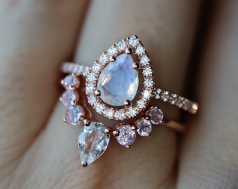 Teardrop Moonstone Morganite Engagement 2 Ring Set-Pear Moonstone Halo Diamond Bridal Rings-Moonstone Ring w/ Morganite Curve Wedding Band