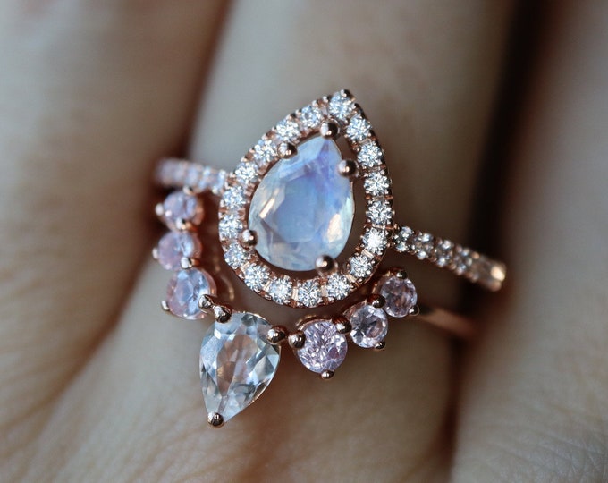 Teardrop Moonstone Morganite Engagement 2 Ring Set-Pear Moonstone Halo Diamond Bridal Rings-Moonstone Ring w/ Morganite Curve Wedding Band