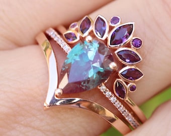 Pear Alexandrite Halo 3 Ring Set- Teardrop Color Change Alexandrite 14k Gold Engagement Ring- Amethyst and Plain Chevron Solid 14k Gold Band