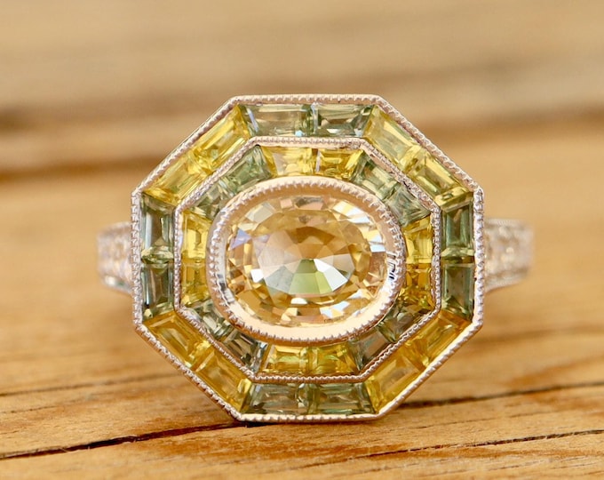 Oval 1.55ct Light Yellow Sapphire Deco Engagement Ring- Double Halo Baguette Green and Yellow Sapphire Solitaire Solid 18k White Gold Ring