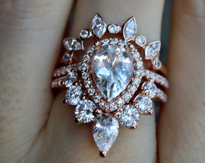 Solid 14k Gold Pear White Topaz Bridal 3 Ring Set- Teardrop Natural Genuine Clear Topaz Halo Engagement Ring Set w/ 2 Curved Wedding Band