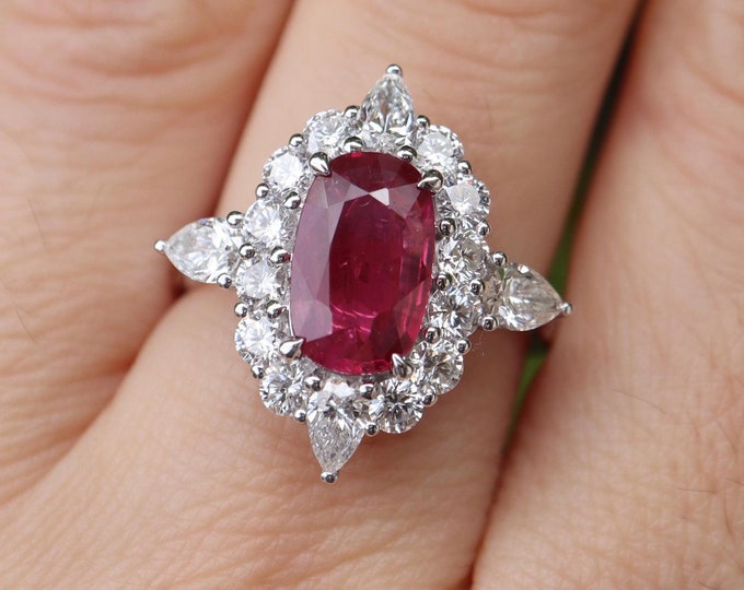 Certified Large Elongated Oval Genuine 1.88ct Ruby with Diamond Halo Engagement Ring- Pink Red Ruby 18k White Gold Antique Anniversary Ring