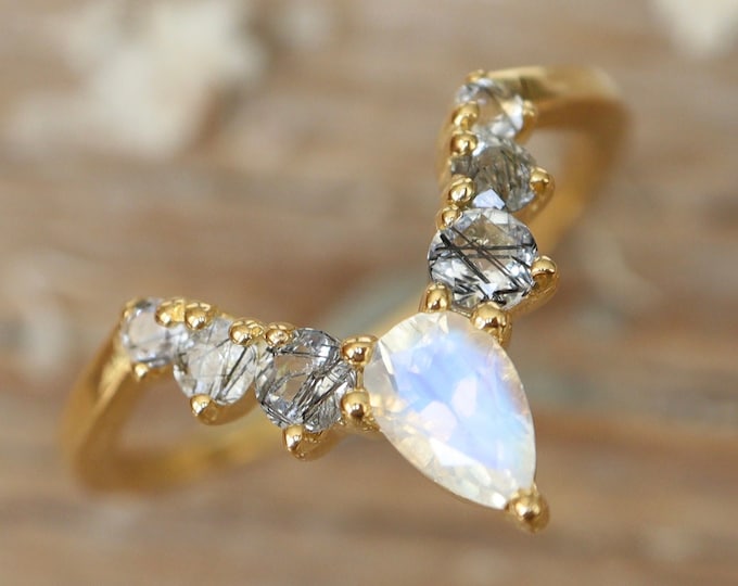 Black Quartz Contour Wedding Band-Genuine Tourmalated Moonstone 14k Gold Band- Chevron SemiCircle Solid Real 18k Band for Pear Teardrop Ring