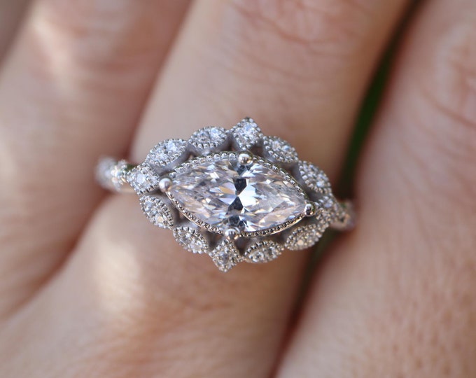 East West Marquise Moissanite Vintage Engagement Ring- Alternative Diamond Deco 14k White Gold Ring- Scallop Milgrain Antique Solitaire Ring