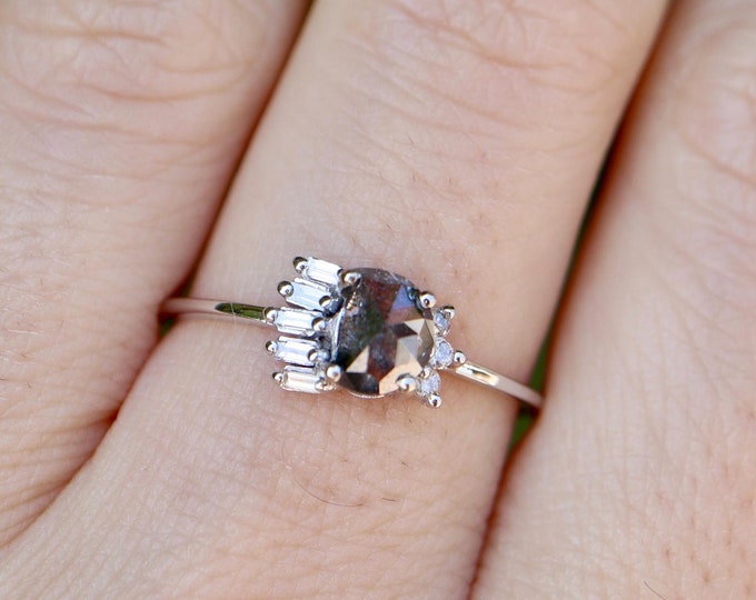 Genuine Oval Salt Pepper Diamond Cluster Ring- Halo Baguette Diamond Dainty Deco Promise Ring for Her- Natural Black Diamond White Gold Ring