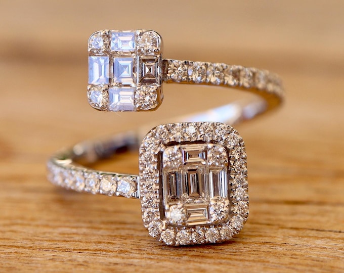 Illusion Genuine Diamond Deco Dual Ring- Solid 18k White Gold Cuff Open Ring- Anniversary Real Natural Baguette Diamond Gift Ideas for Her