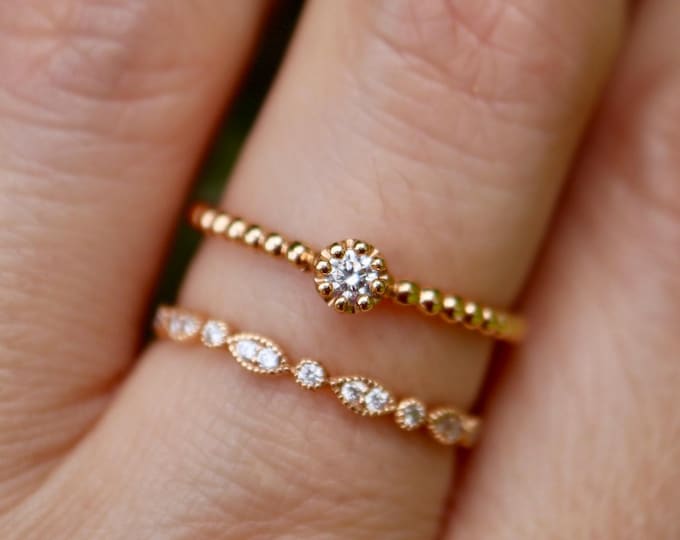 Dainty Genuine Diamond Solid 18k Rose Gold Double Ring- Genuine Petite White Natural Round Diamond Ring for Everyday