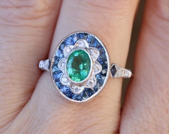 Genuine Oval Green Emerald with Halo Blue Sapphire Deco Engagement 18k White Gold Ring