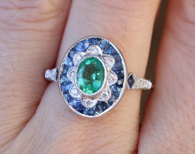 Genuine Oval Green Emerald with Blue Sapphire Deco Engagement Ring- Halo Princess Sapphire Diamond Vintage Anniversary 18k White Gold Ring