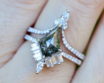 Kite Salt Pepper Baguette Diamond Deco 2 Ring Set for Her- Genuine Natural Black Speckled Diamond  Halo Engagement 18k White Gold Rings