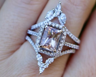 Genuine 2ct Peach Morganite Halo Diamond Bridal 3 Ring Set- Natural Emerald Cut Morganite Engagement  2 Curved Diamond 14k White Gold Band