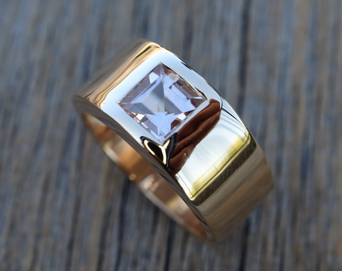 Square Morganite 14k Gold 8mm Wedding Band- Princess Cut Genuine Morganite Wide Wedding Band Unisex- Customizable Wedding Band For Her Him