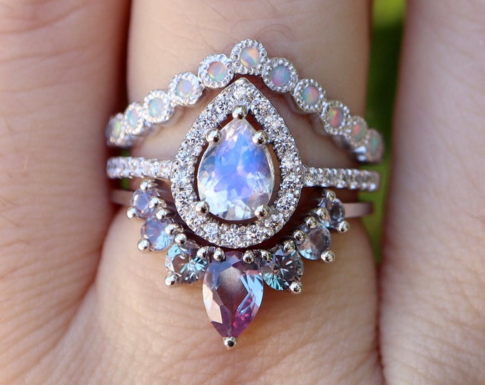 Pear Moonstone Opal Alexandrite Bridal 3 Ring Set- Teardrop Moonstone Engagement 14k Gold Ring w/Opal & Alexandrite Band- Iridescent Rings