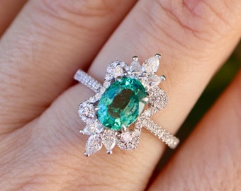 Certified Genuine Oval 1.33ct Green Emerald Halo Diamond Engagement Ring- Solid 18k White Gold Solitaire Ring- Natural Real Emerald Ring