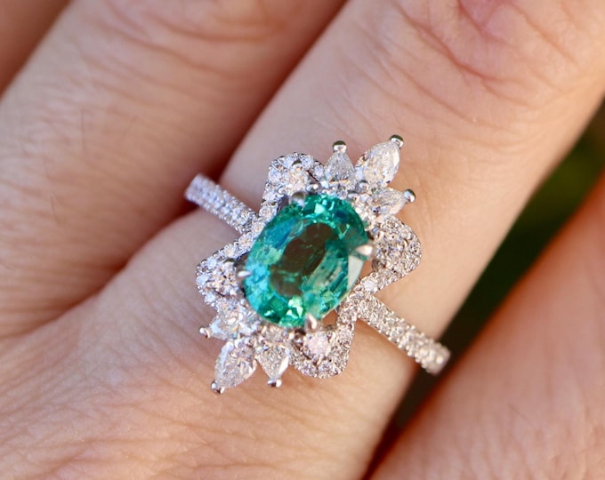 Certified Genuine Oval 1.33ct Green Emerald Halo Diamond Engagement Ring- Solid 18k White Gold Solitaire Ring- Natural Real Emerald Ring