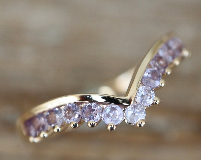 Alexandrite Chevron Vintage Wedding Band- Contour Light Purple 18k Rose Gold Band- Curved Purple Stone Band- V December 14k White Gold Band
